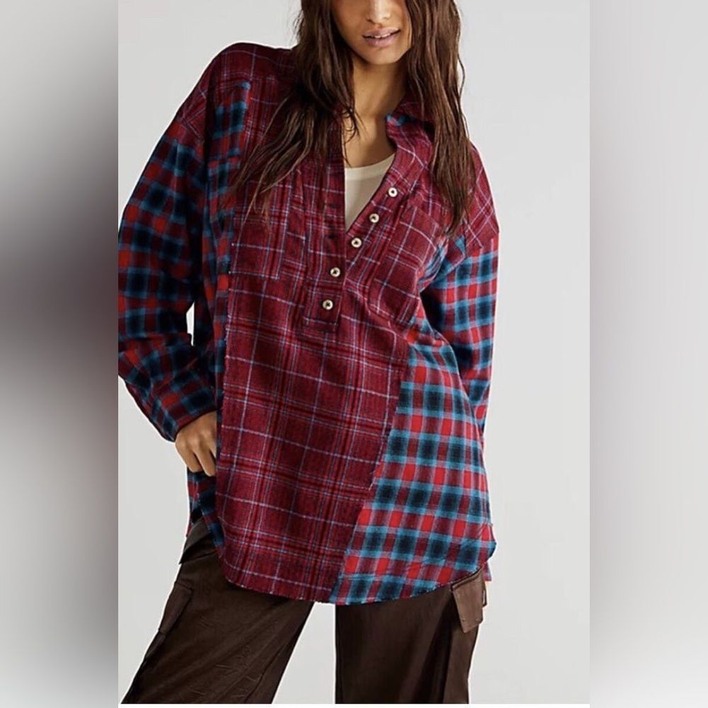 NWOT Free People Wildfire Plaid Top Cherry Combo